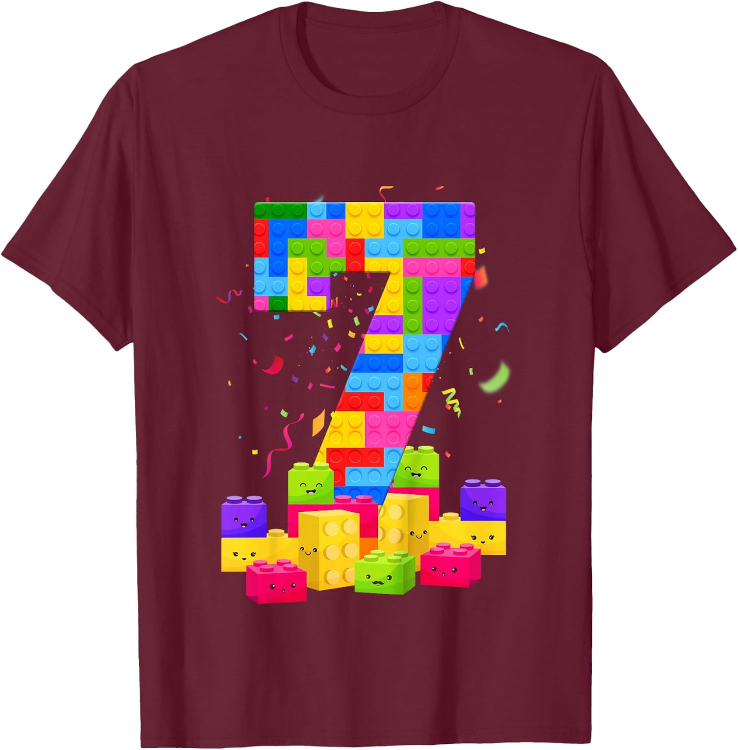 7 Years Old Builder Boy Girl Building Blocks 7th Birthday T-Shirt - T-Shirt | Maroon