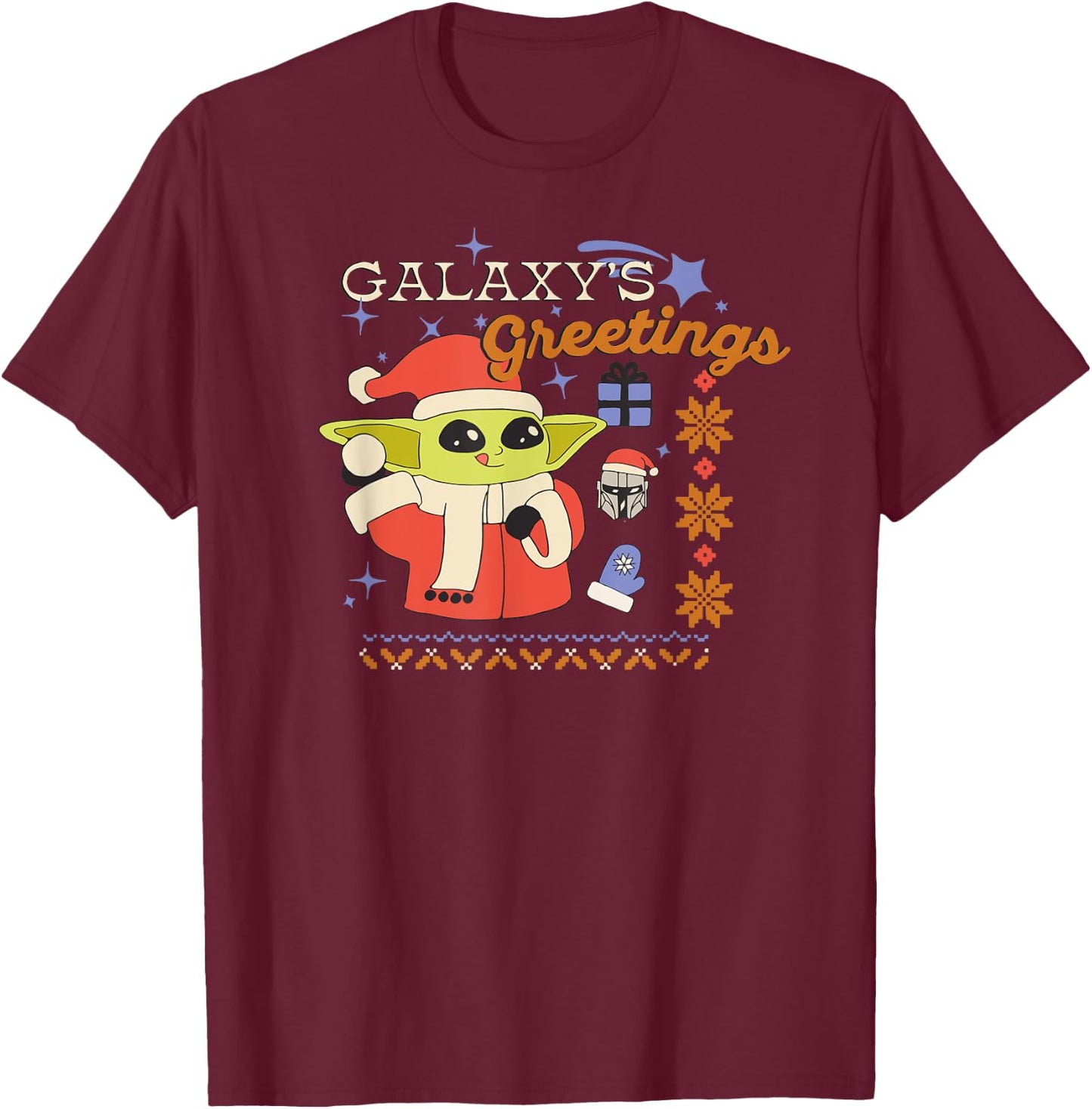 Amazon Essentials Men's The Mandalorian Grogu Christmas Holiday Galaxy's Greetings , Black Graphic Print, Small T-Shirt - T-Shirt | Maroon