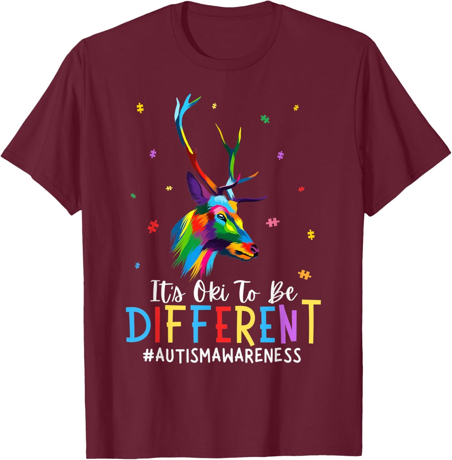 Funny Autism Awareness It's Oki To Be Different Deer Kid T-Shirt - T-Shirt | Maroon