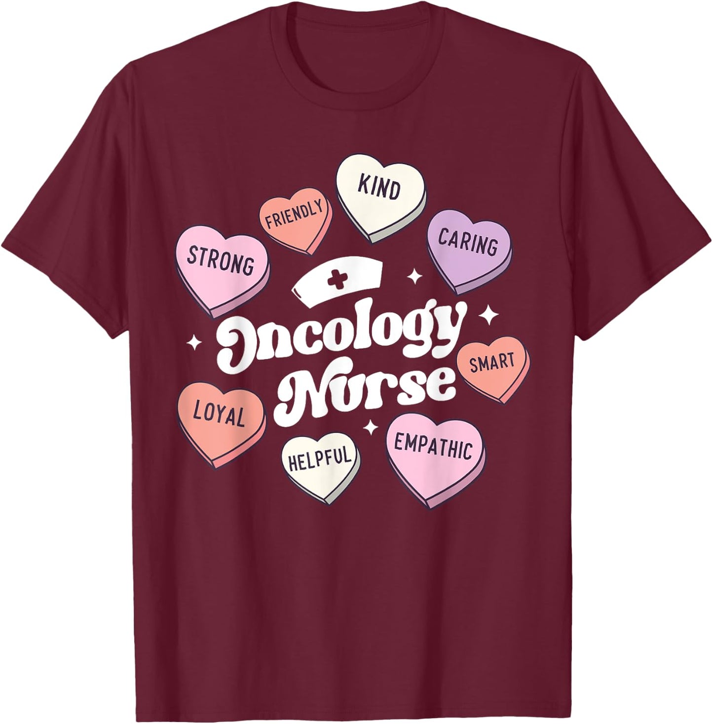 Valentines Day Oncology Nurse Cancer Support Groovy Hearts T-Shirt - T-Shirt | Maroon
