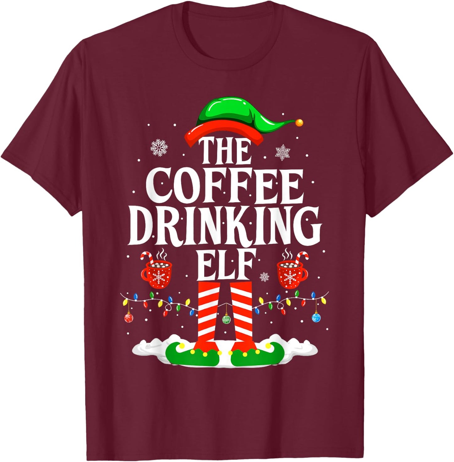 The Coffee Drinking Elf Funny Family Christmas Coffee T-Shirt - T-Shirt | Maroon
