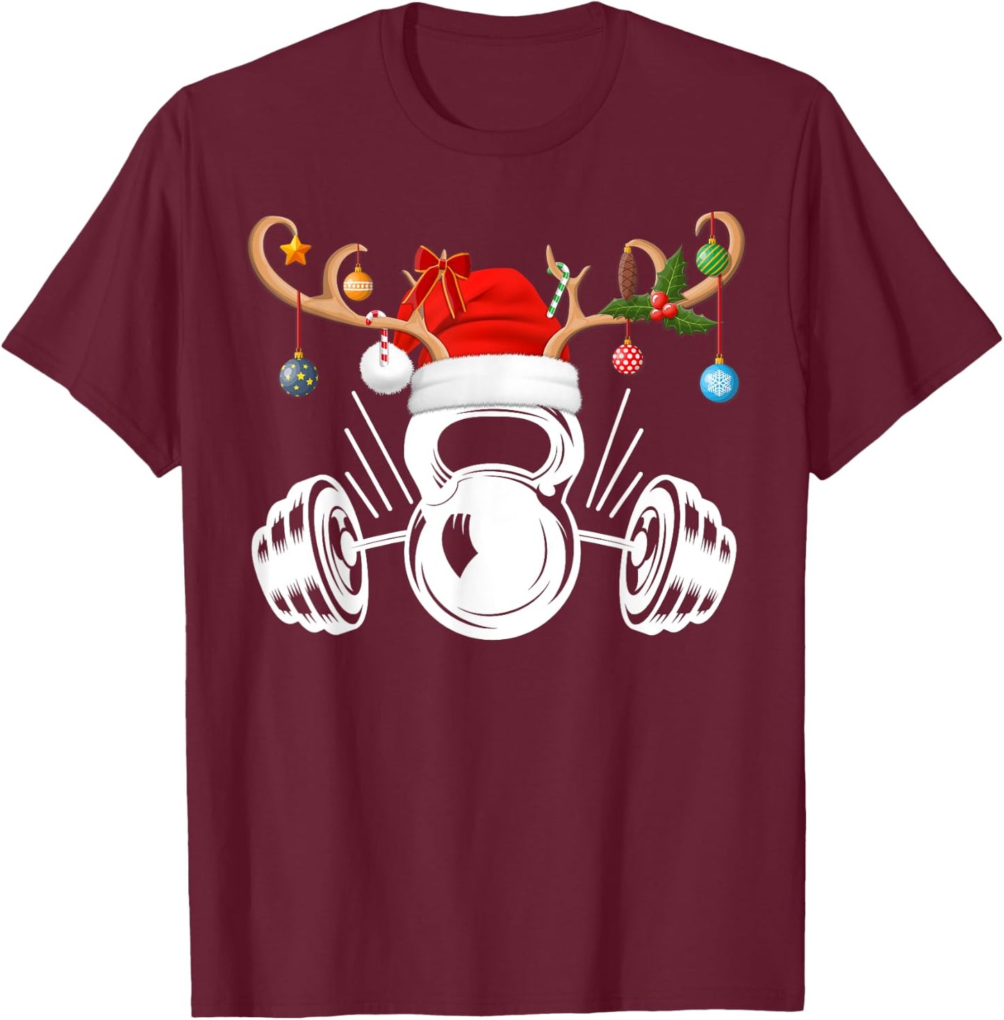 Funny Reindeer Santa Hat Weightlifting Fitness Christmas T-Shirt - T-Shirt | Maroon