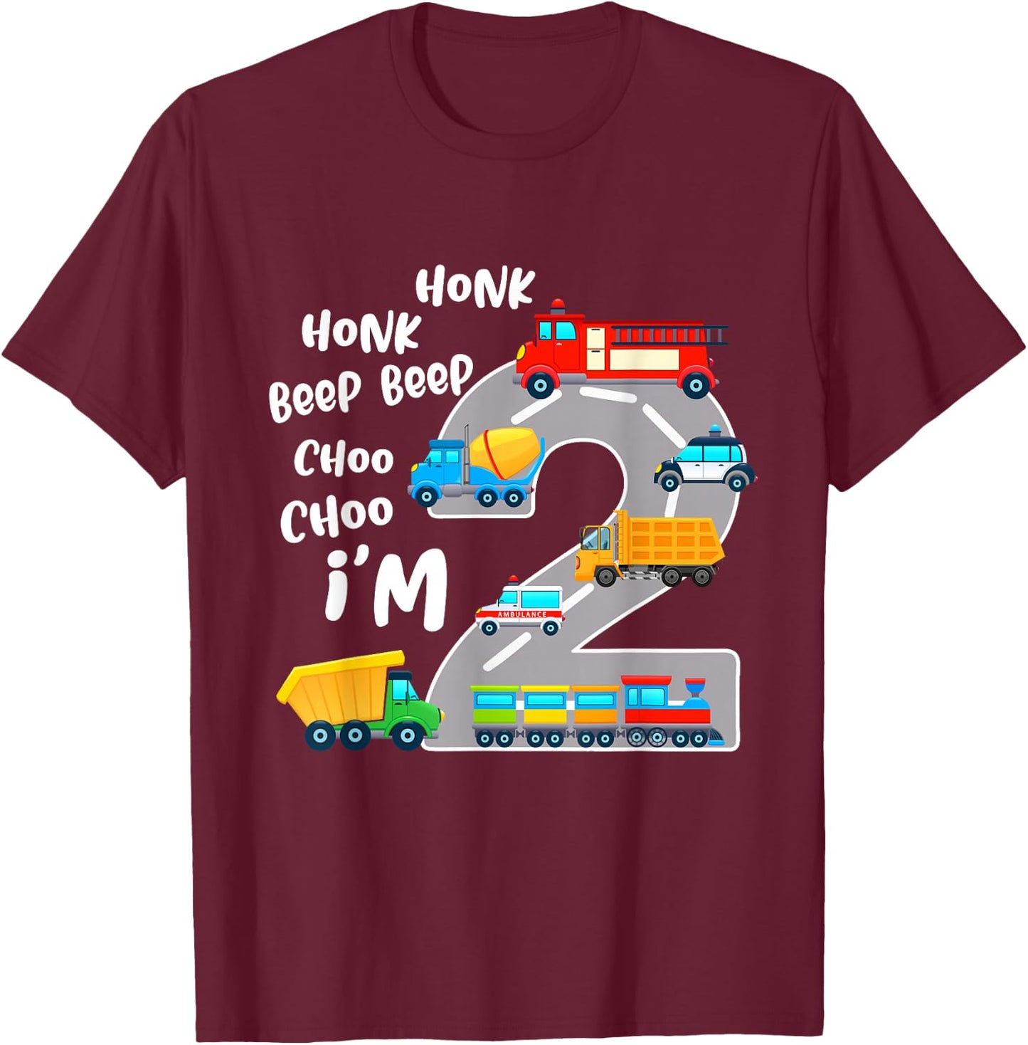 2 Year Old Birthday Transportation 2nd Party Kids T-Shirt - T-Shirt | Maroon