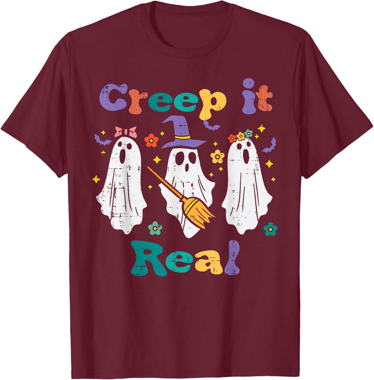 Ghosts Creep It Real Retro Halloween Costume Men Women Kids T-Shirt - T-Shirt | Maroon