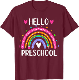 Hello Preschool Teacher Student Girls Rainbow Back To School T-Shirt - T-Shirt | Maroon