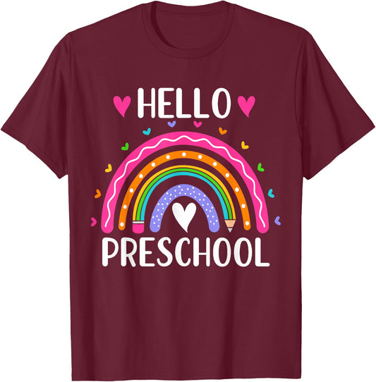 Hello Preschool Teacher Student Girls Rainbow Back To School T-Shirt - T-Shirt | Maroon