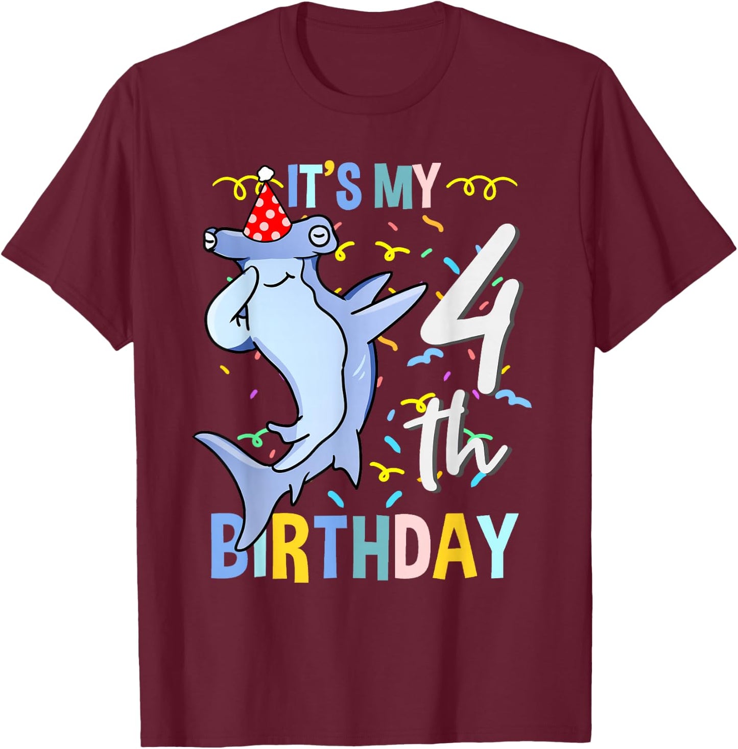 Its My 4th Birthday Dabbing Hammerhead Shark T-Shirt - T-Shirt | Maroon