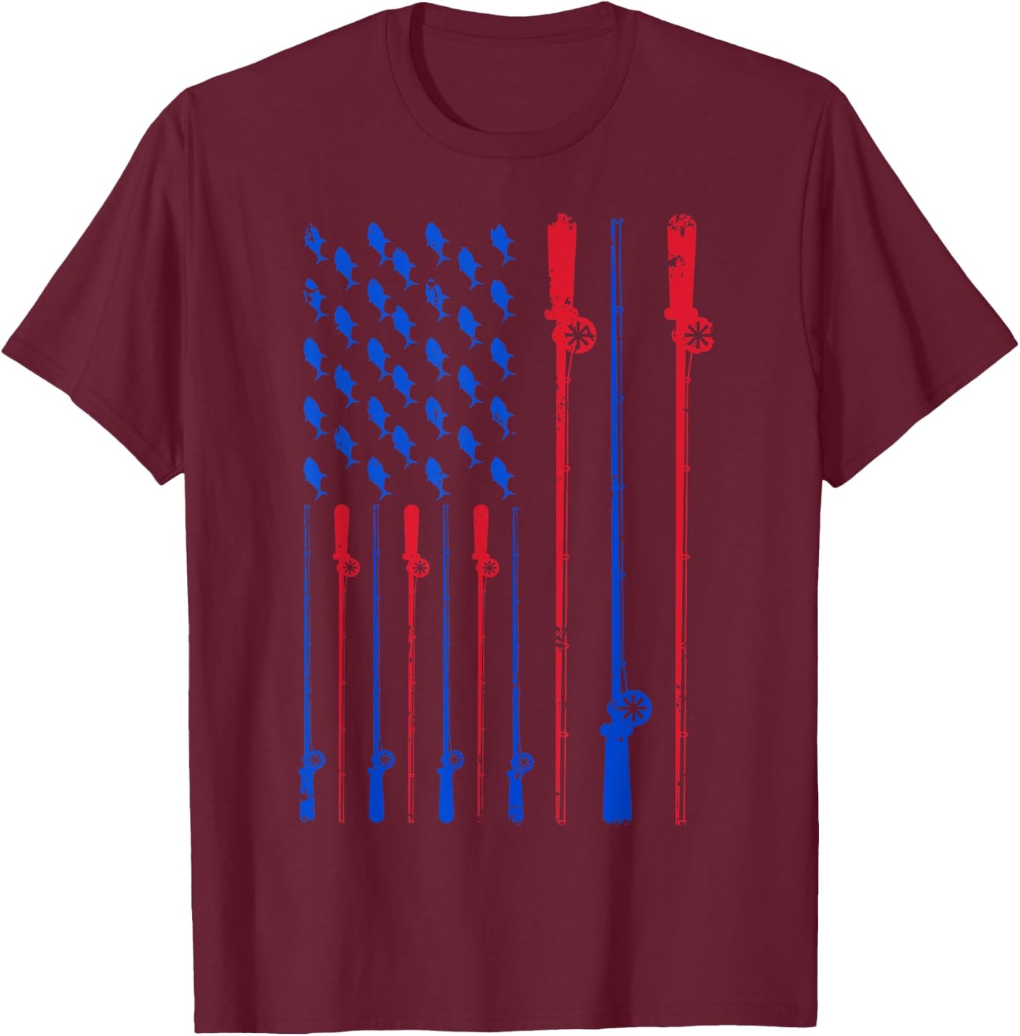 Fishing Pole American Flag Patriotic Men Women 4th of July T-Shirt - T-Shirt | Maroon