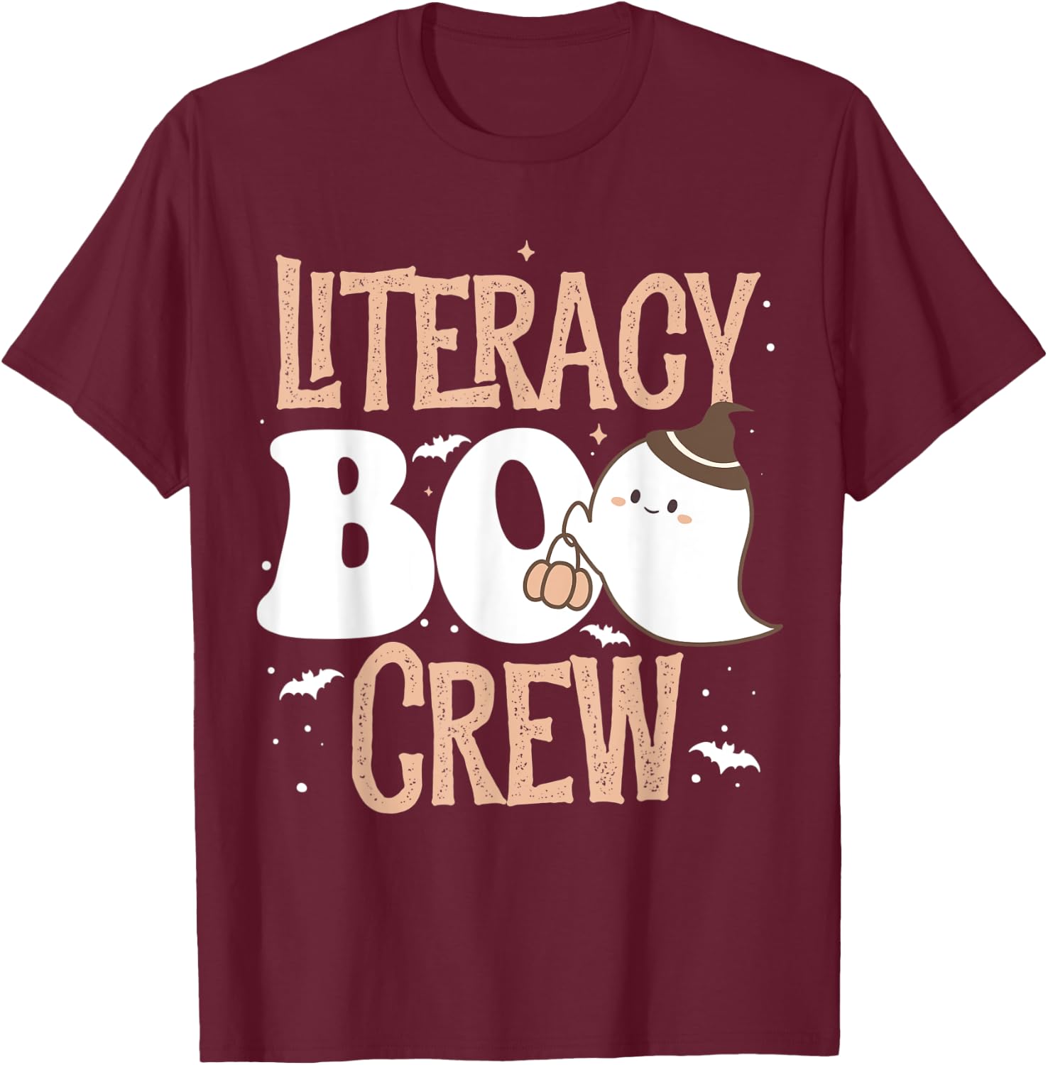Funny Cute Halloween Literacy BOO Crew Costume Teacher Men Women Kids T-Shirt - T-Shirt | Maroon