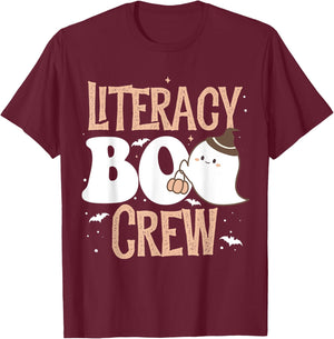 Funny Cute Halloween Literacy BOO Crew Costume Teacher Men Women Kids T-Shirt - T-Shirt | Maroon