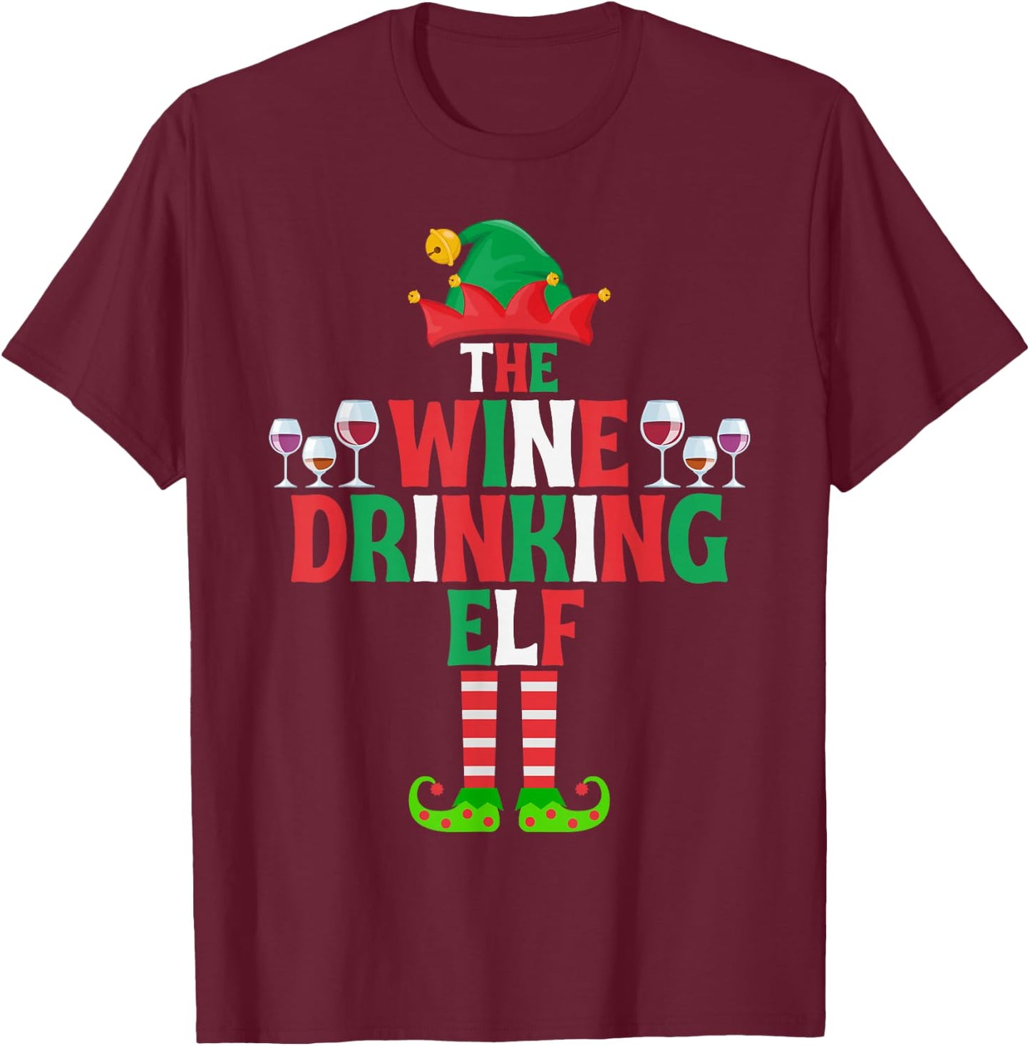 The Wine Drinking Elf, Funny Matching Family Group Christmas T-Shirt - T-Shirt | Maroon