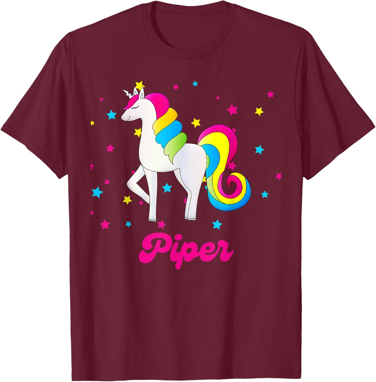 Cute Rainbow Unicorn Pink and Blue Personalized Piper T-Shirt - T-Shirt | Maroon