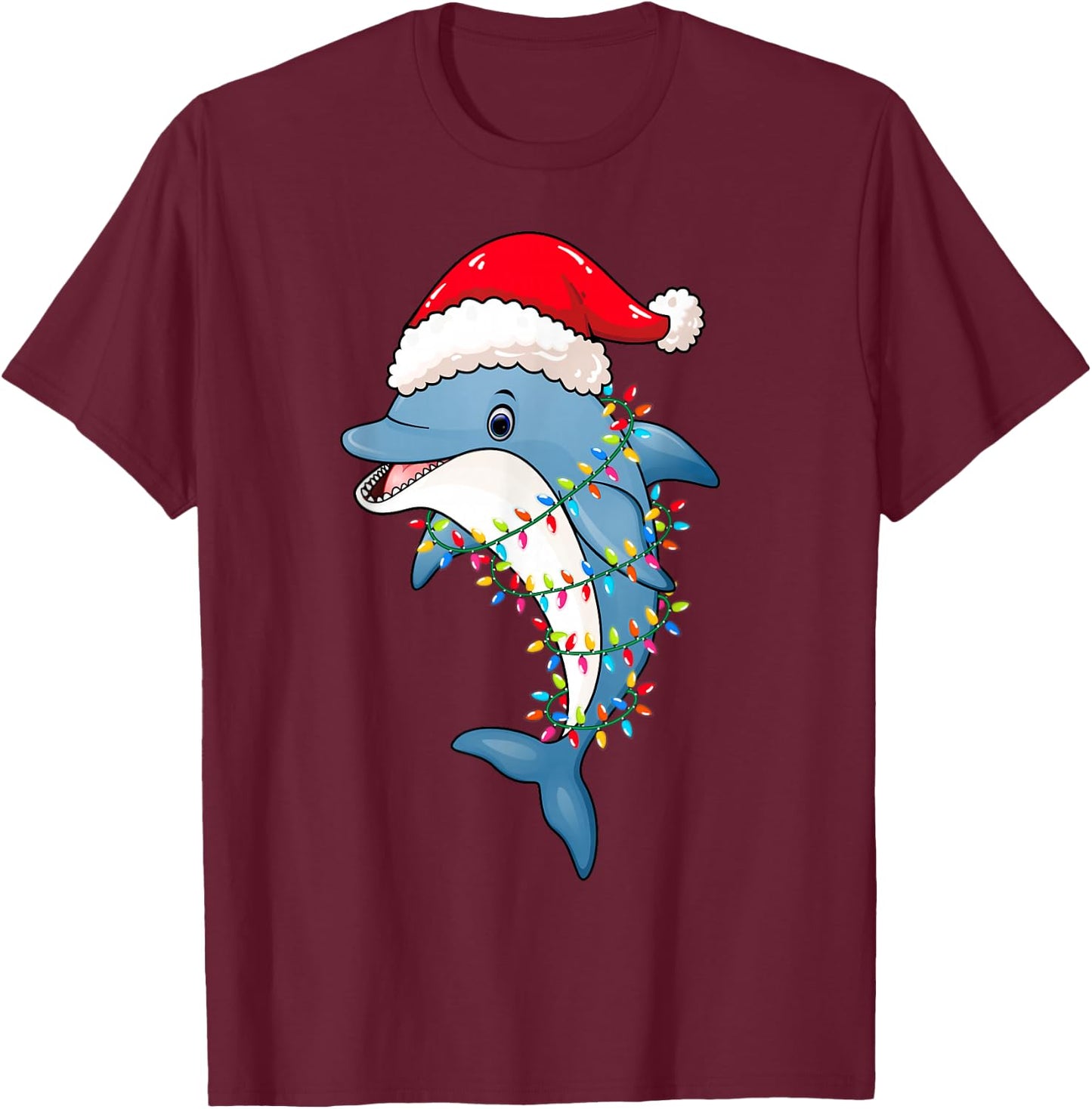 Christmas Lights Dolphin Wearing Xmas Hat - Dolphin Lover T-Shirt - T-Shirt | Maroon