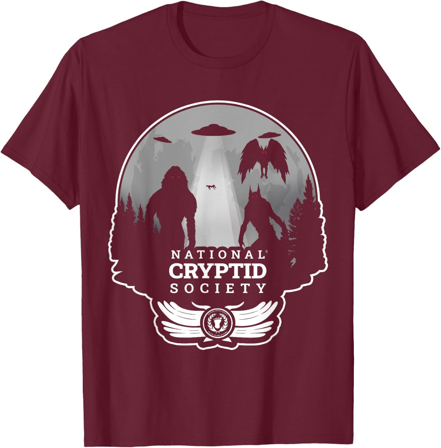Monsters Creatures Moth Man Wolf Bigfoot Halloween Cryptid T-Shirt - T-Shirt | Maroon