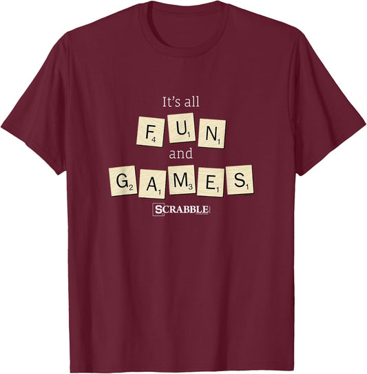 Scrabble It's All Fun And Games Vintage Tile Logo T-Shirt - T-Shirt | Maroon
