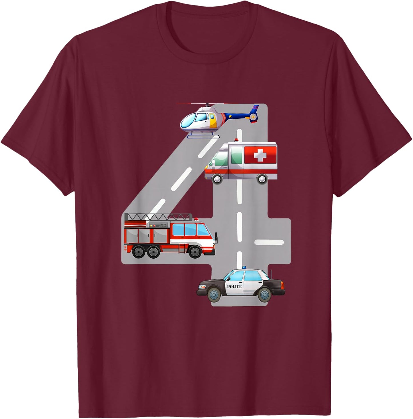 Emergency Vehicles 4th Birthday Fire Truck Police Car Boys T-Shirt - T-Shirt | Maroon