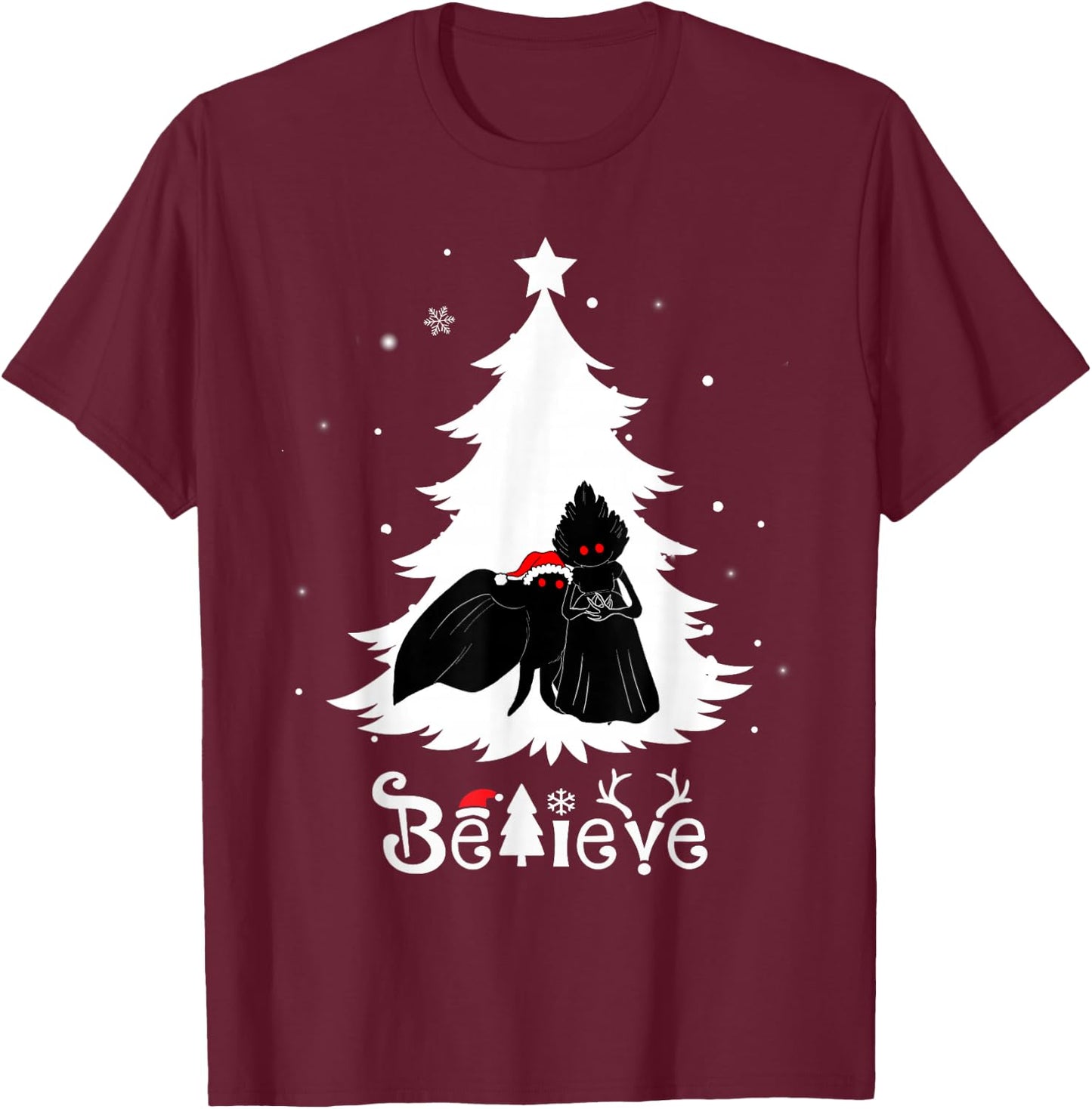 Believe Mothman And Flatwoods Monster Christmas Cryptid T-Shirt - T-Shirt | Maroon