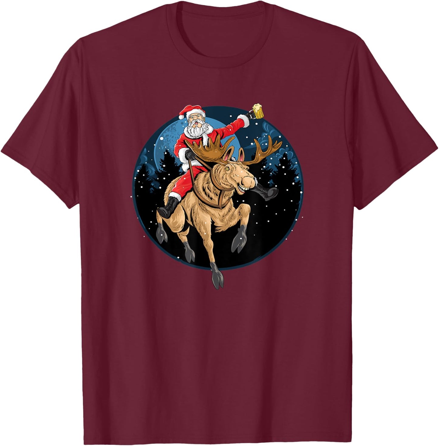 Santa Claus Drinking a Beer While Riding a Moose T-Shirt - T-Shirt | Maroon