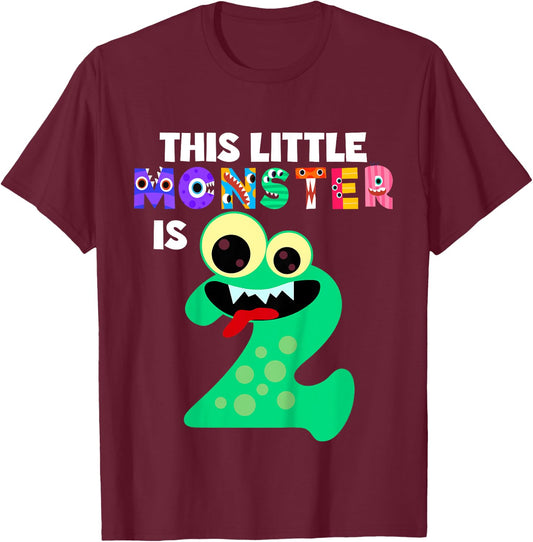 Kids This Little Monster is 2 Two Years 2nd Birthday Party Aliens T-Shirt - T-Shirt | Maroon
