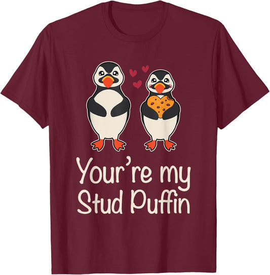 Stud Puffin Hearts Apparel For Couples Cute Seabird Puffins T-Shirt - T-Shirt | Maroon