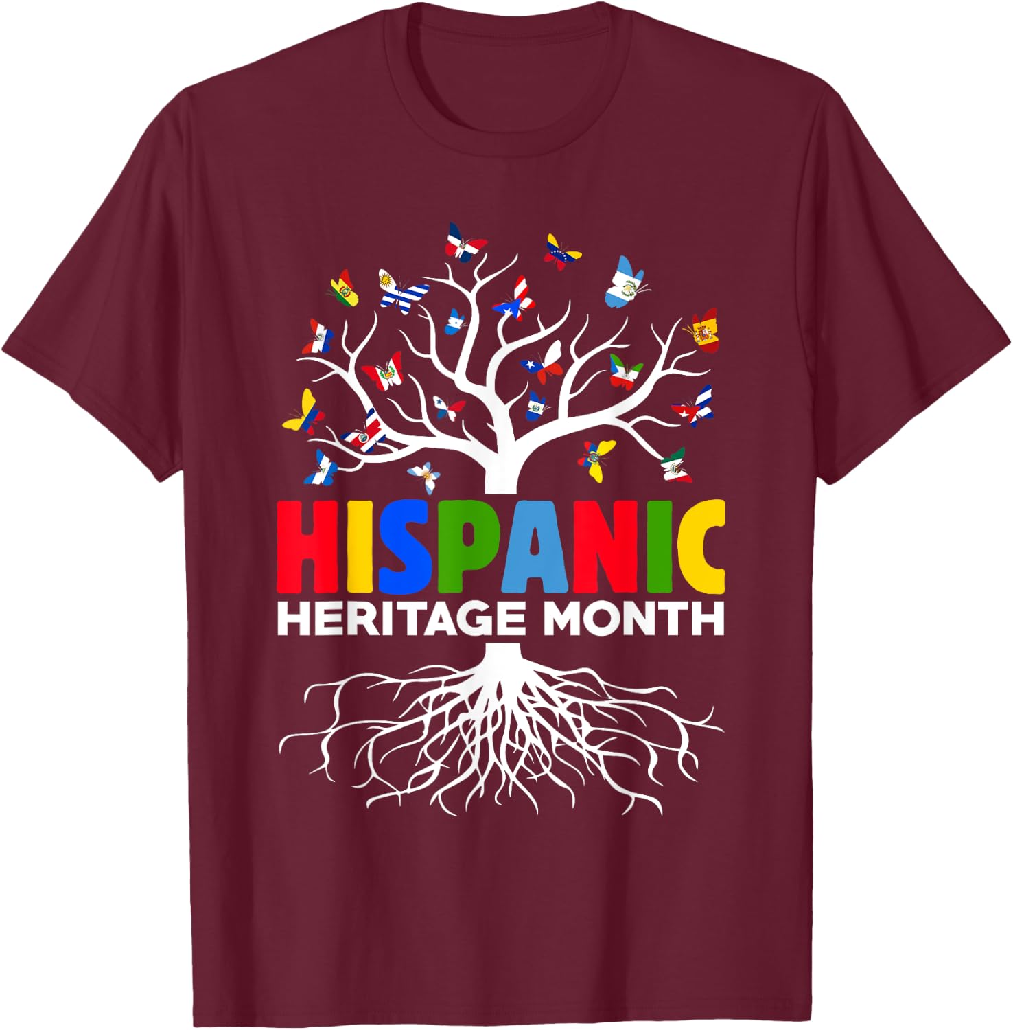 Butterflies Latina Countries Flags Hispanic Heritage Month T-Shirt - T-Shirt | Maroon