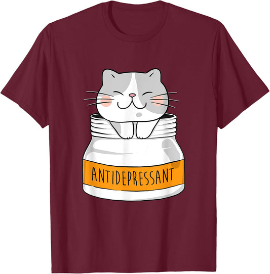 Funny Cat Shirts - Antidepressant Animal Cat Lover Black - Small T-Shirt - T-Shirt | Maroon