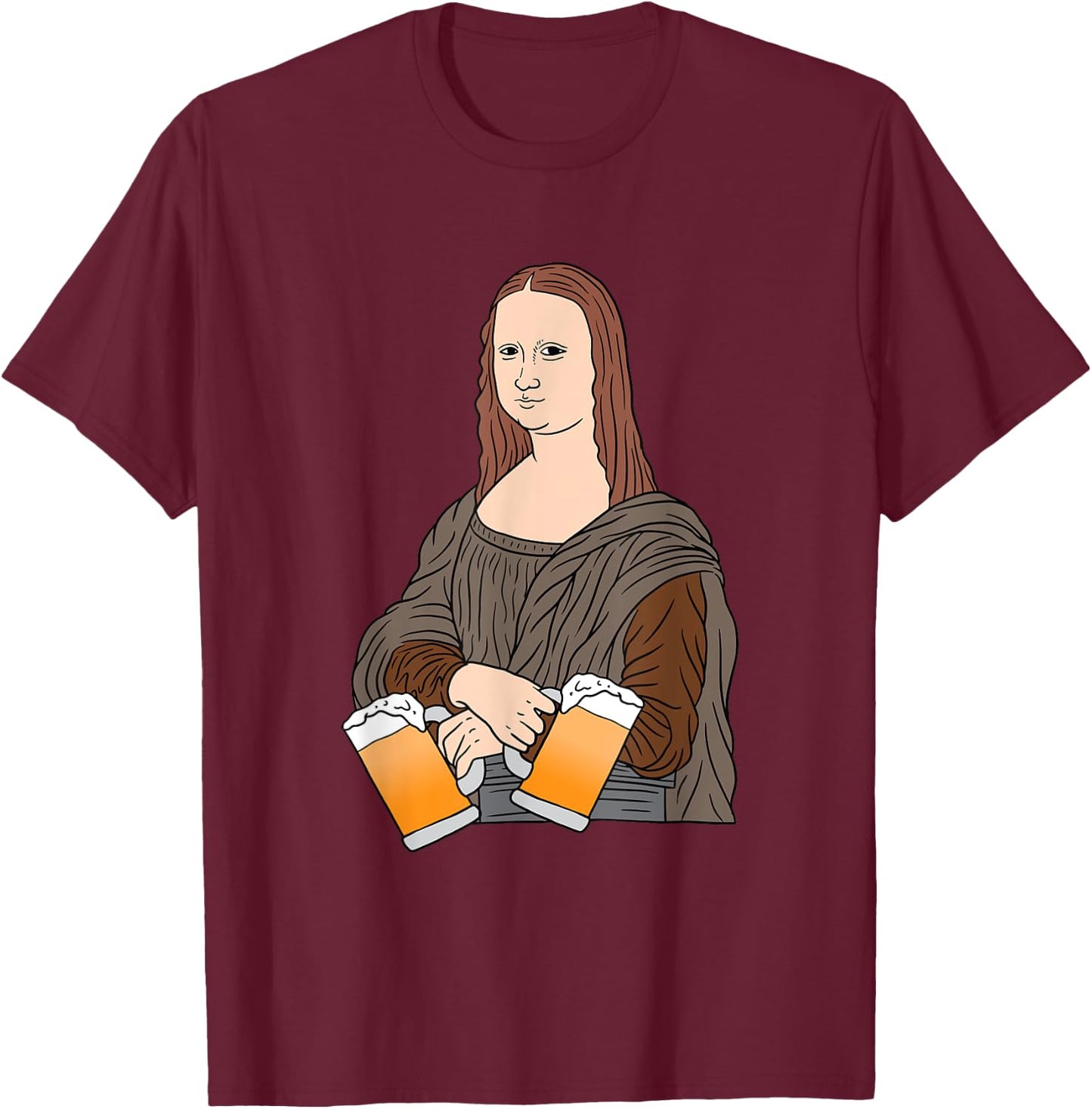 Mona Lisa by Leonardo Da Vinci Beer Party Alcohol Art T-Shirt - T-Shirt | Maroon