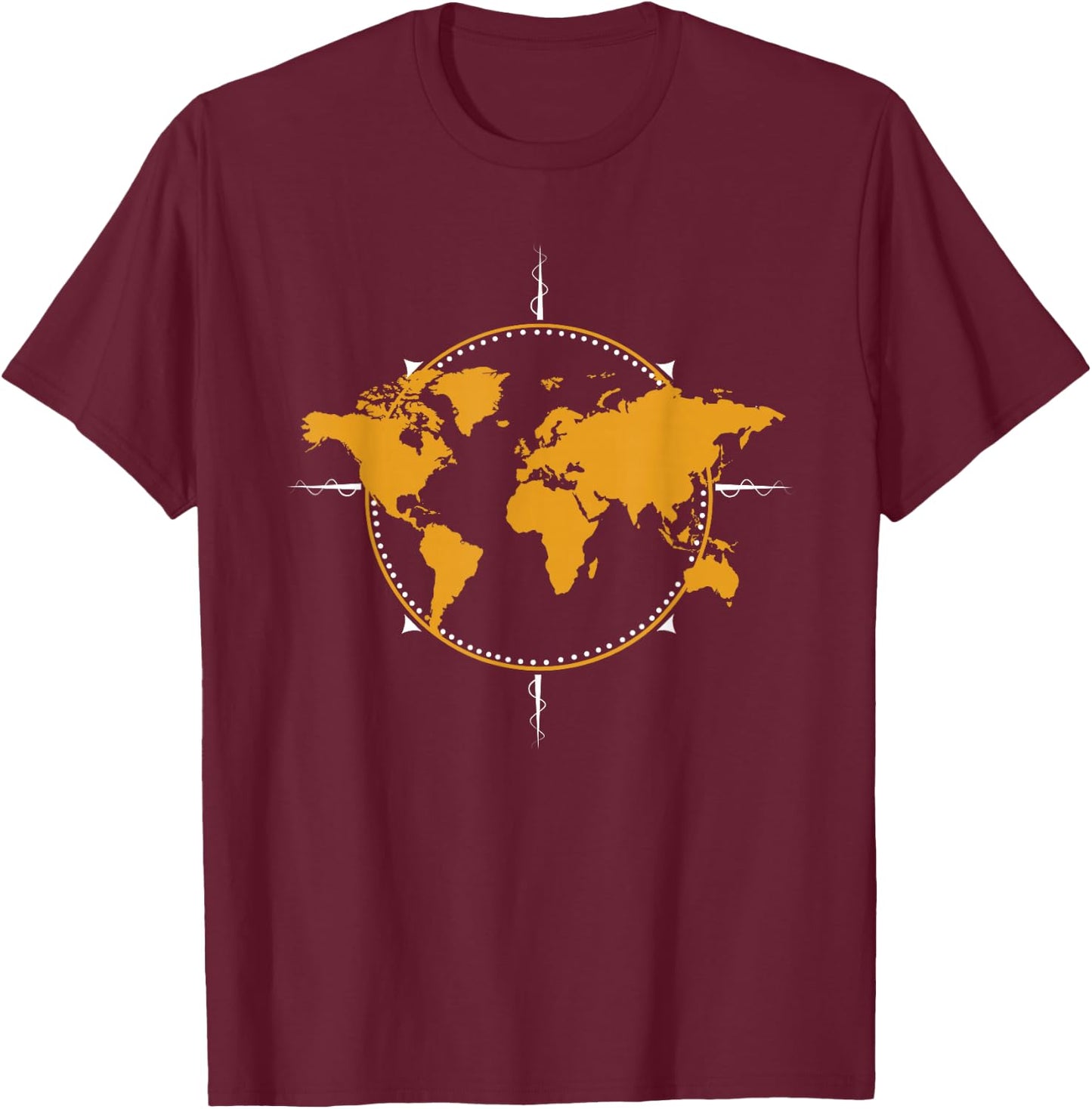 Geographic, World Map & Compass Graphic Travel T-Shirt - T-Shirt | Maroon