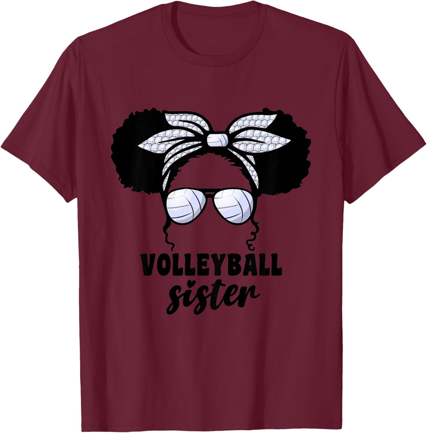 Kids Black Afro Volleyball Little Sister For Girls Kids Messy Bun T-Shirt - T-Shirt | Maroon