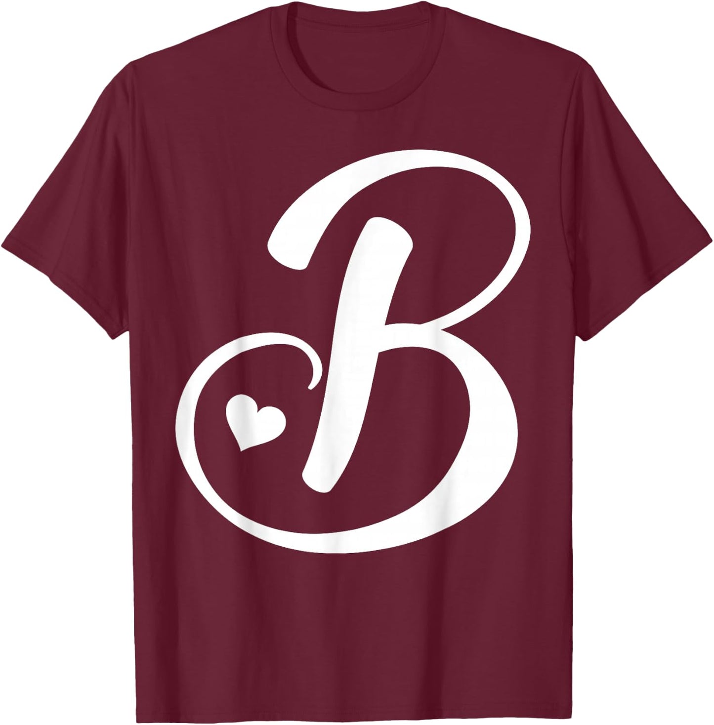 White Letter B Monogram Initial Minimalist Heart Graphic T-Shirt - T-Shirt | Maroon