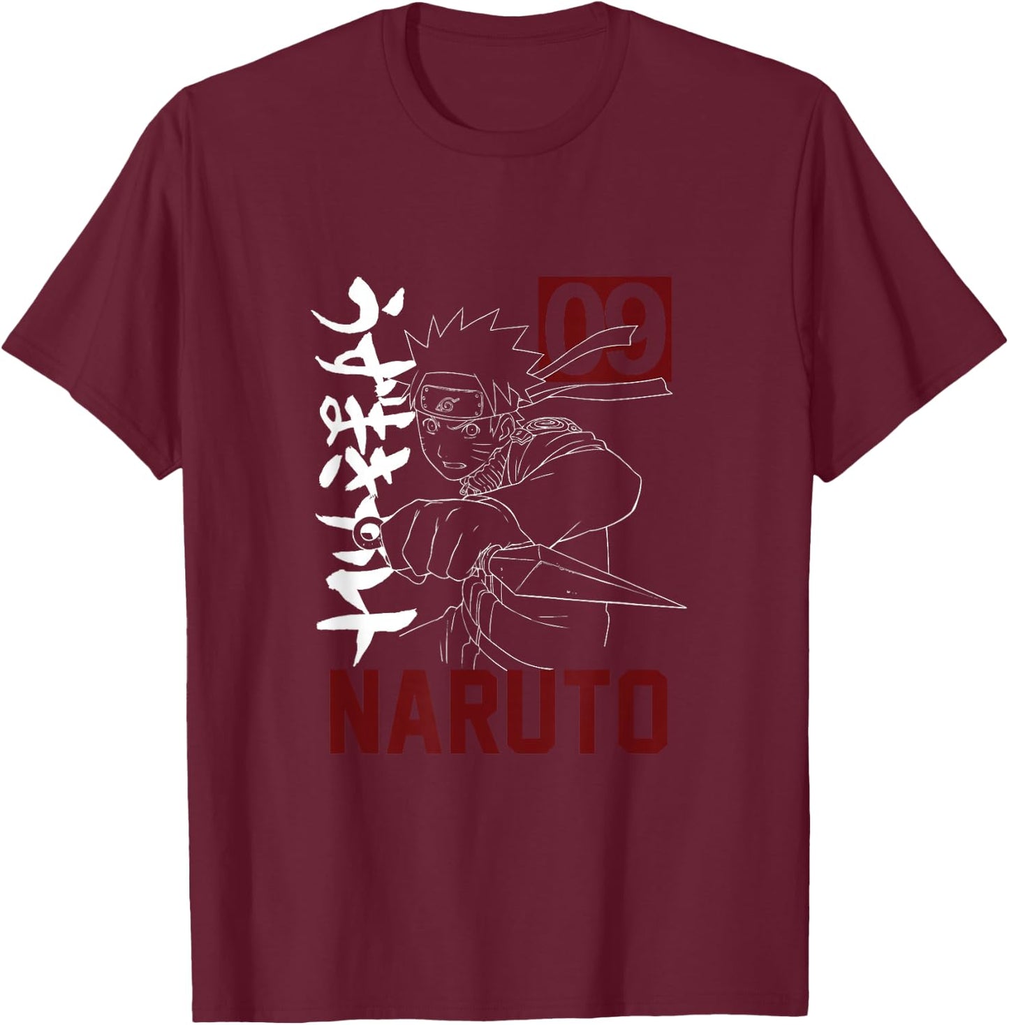 Naruto - Anime Graphic with Kunai Kanji Design - Black, Short Sleeve, Size S T-Shirt - T-Shirt | Maroon