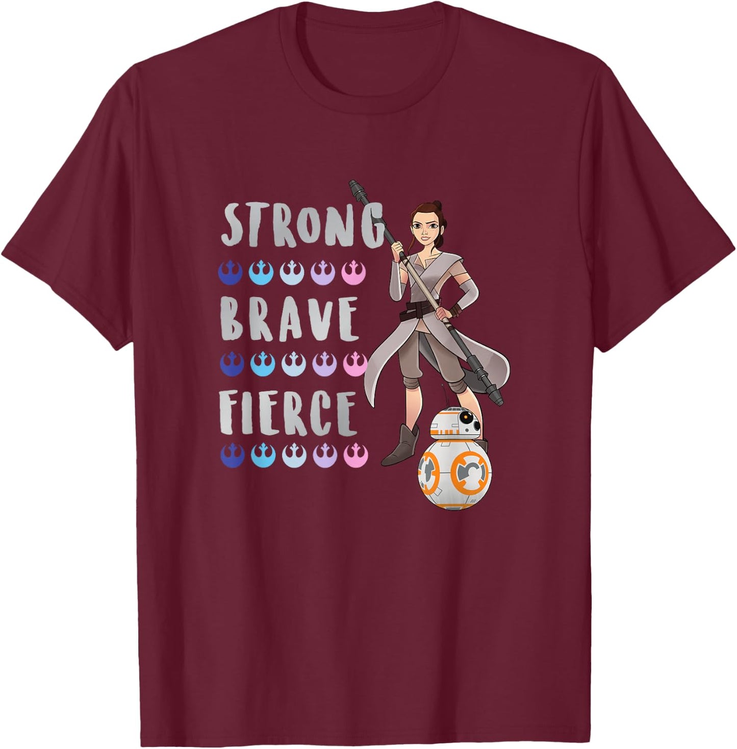 Star Wars Classic Strong Brave Fierce Rey & BB-8 Poster T-Shirt - T-Shirt | Maroon