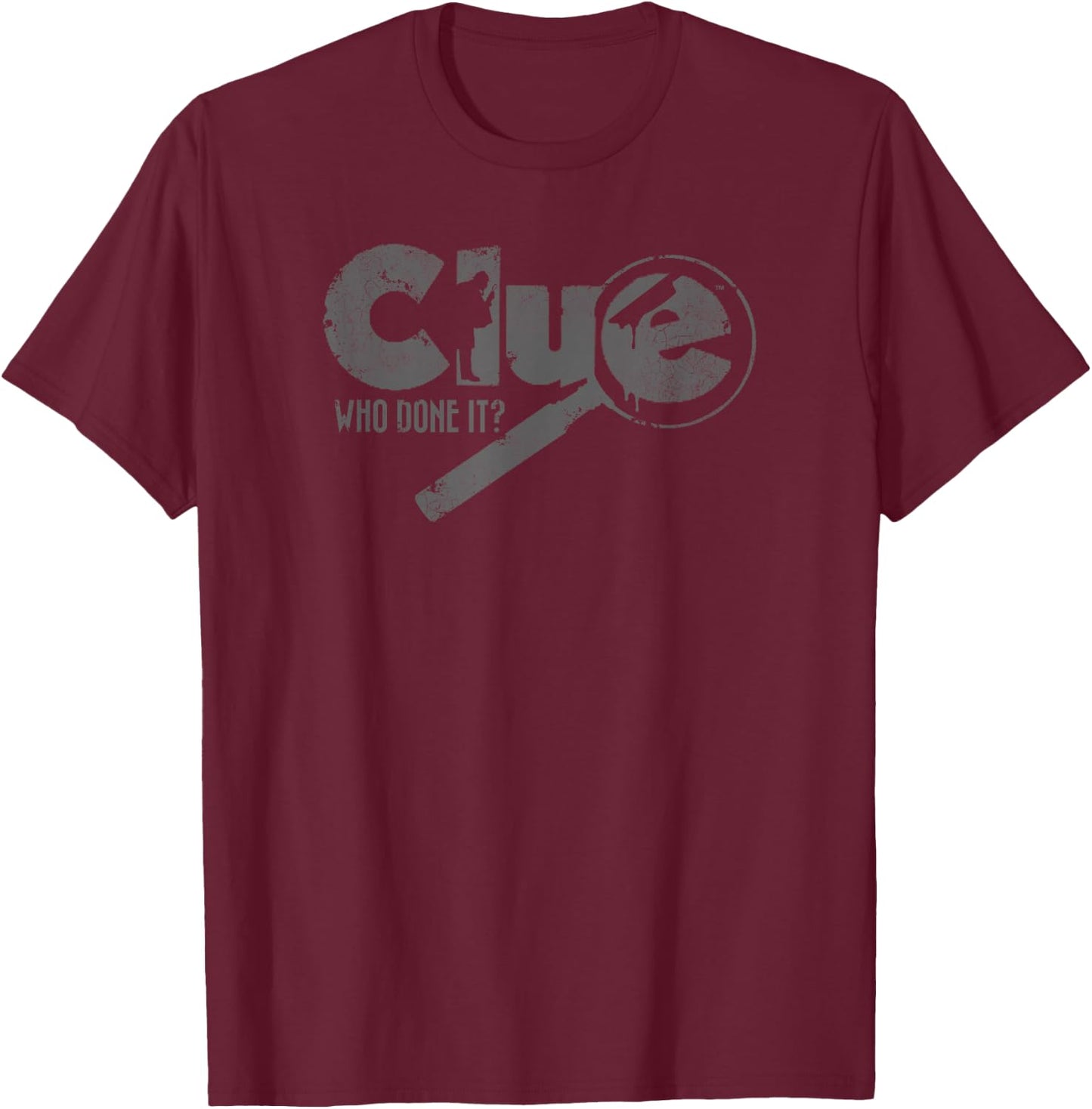 Clue Who Done It? Magnifying Glass Distressed Logo T-Shirt - T-Shirt | Maroon