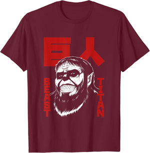 Attack on Titan Season 4 Beast Titan & Large Kanji Anime T-Shirt - T-Shirt | Maroon