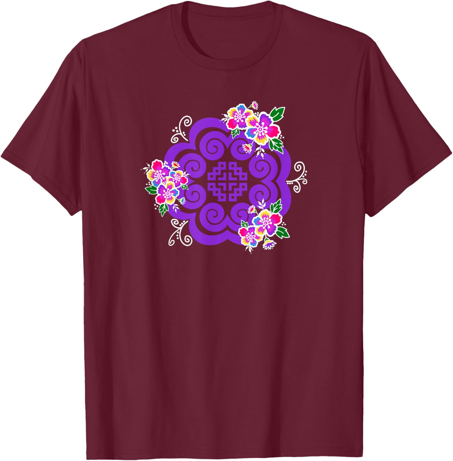 Hmong Purple elephant footprint with flowers T-Shirt - T-Shirt | Maroon