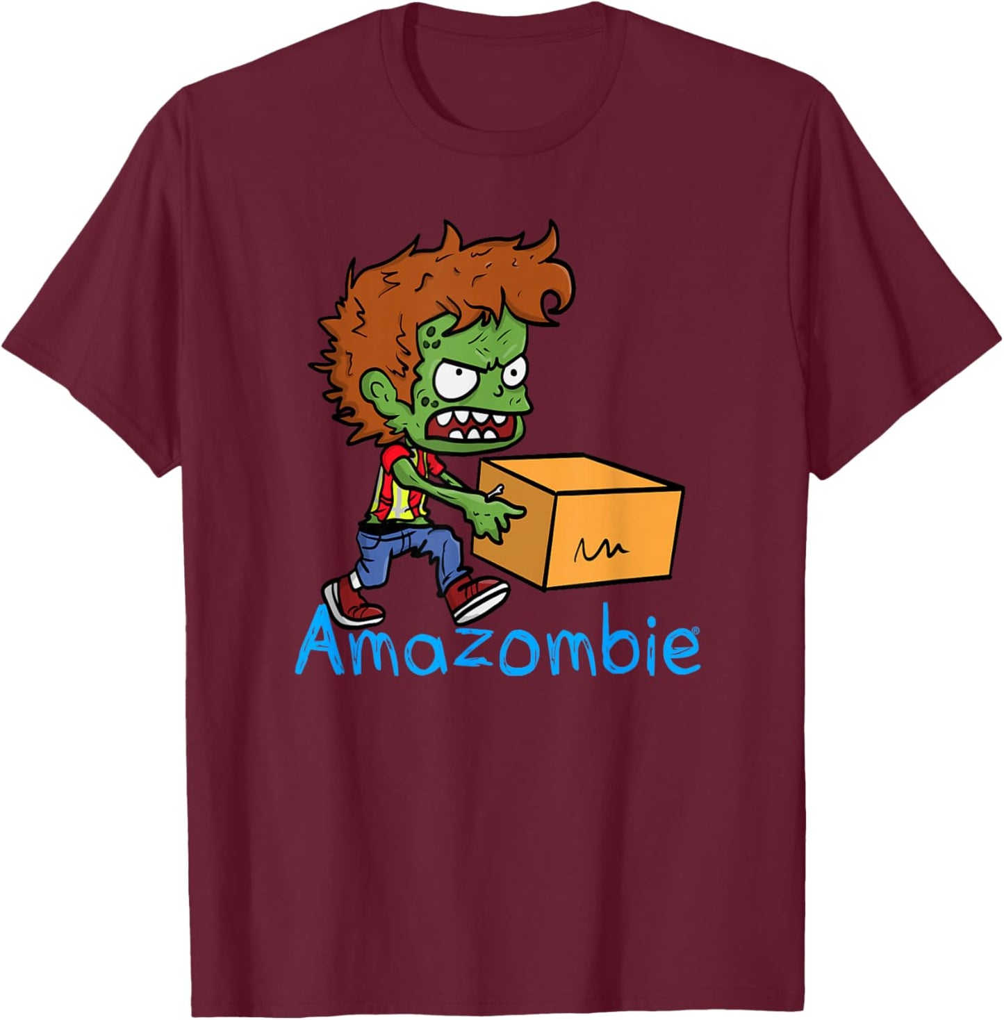 Associate Xave the Amazombie Worker Running With A Box T-Shirt - T-Shirt | Maroon