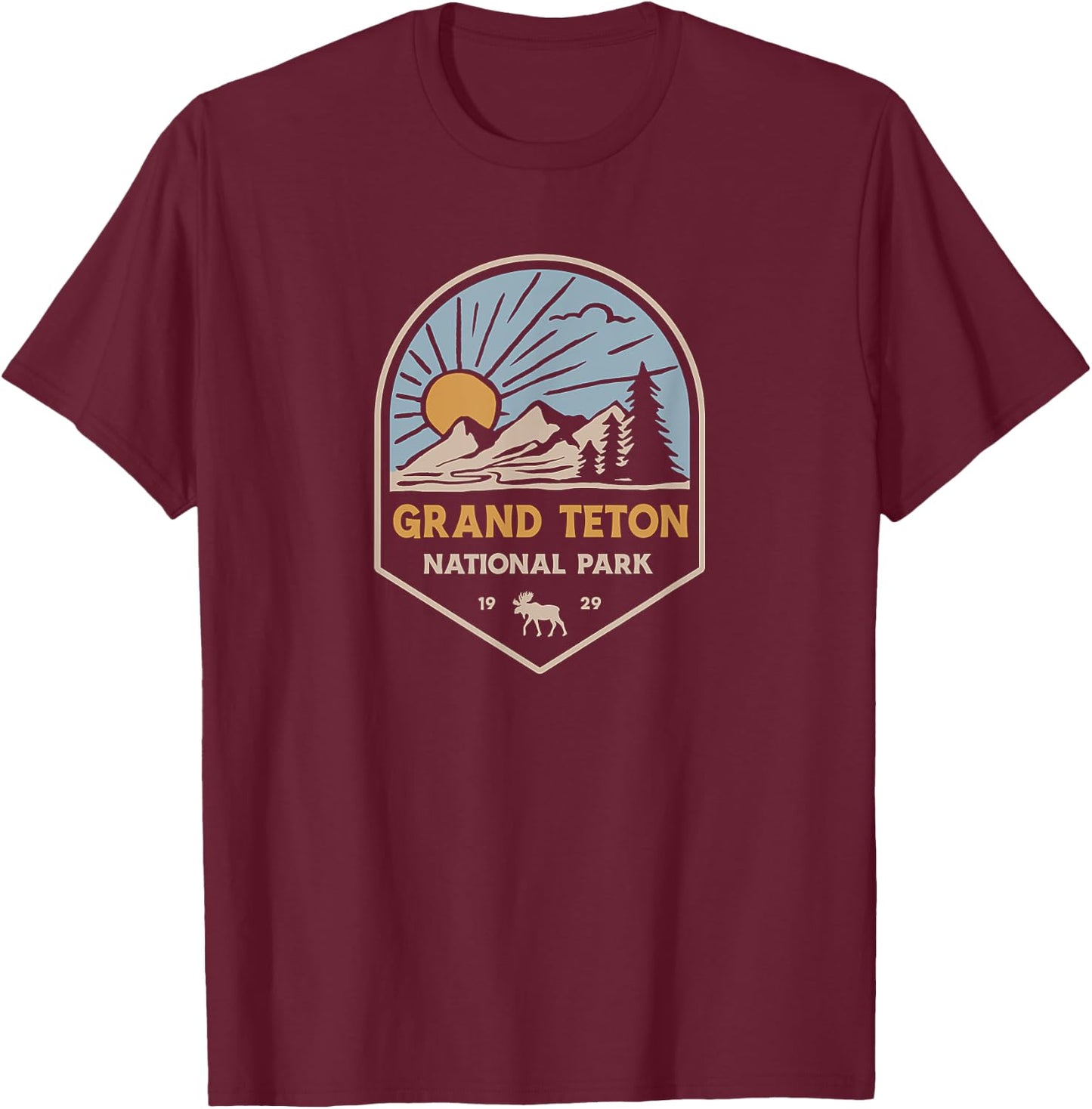 Grand Teton National Park Retro Sunset T-Shirt - T-Shirt | Maroon