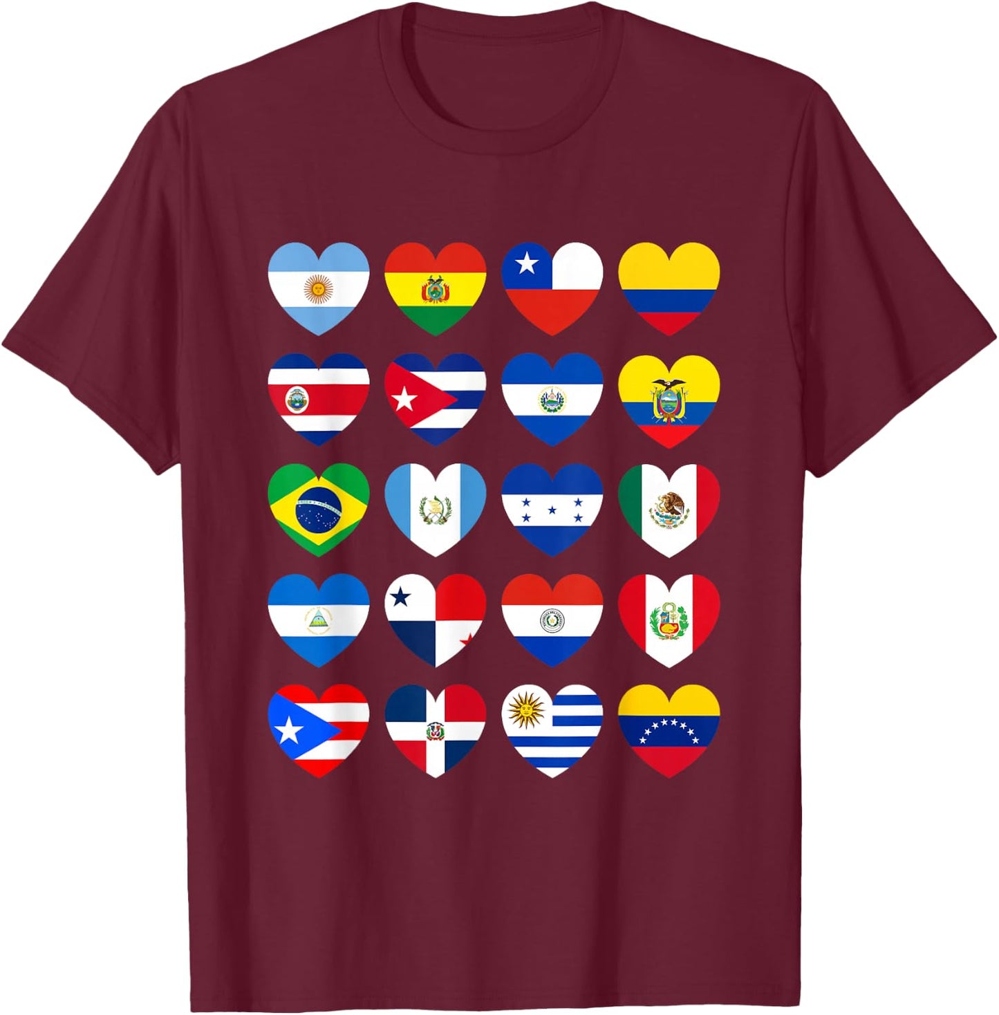 National Hispanic Heritage Month All Countries Flags Hearts T-Shirt - T-Shirt | Maroon