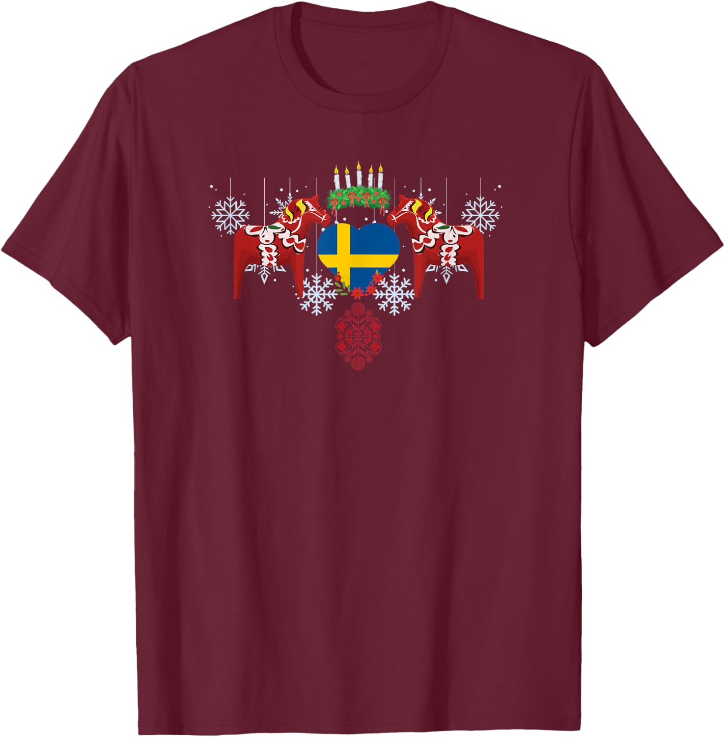 Sweden flag heart Swedish dala horses Christmas Santa Lucia T-Shirt - T-Shirt | Maroon