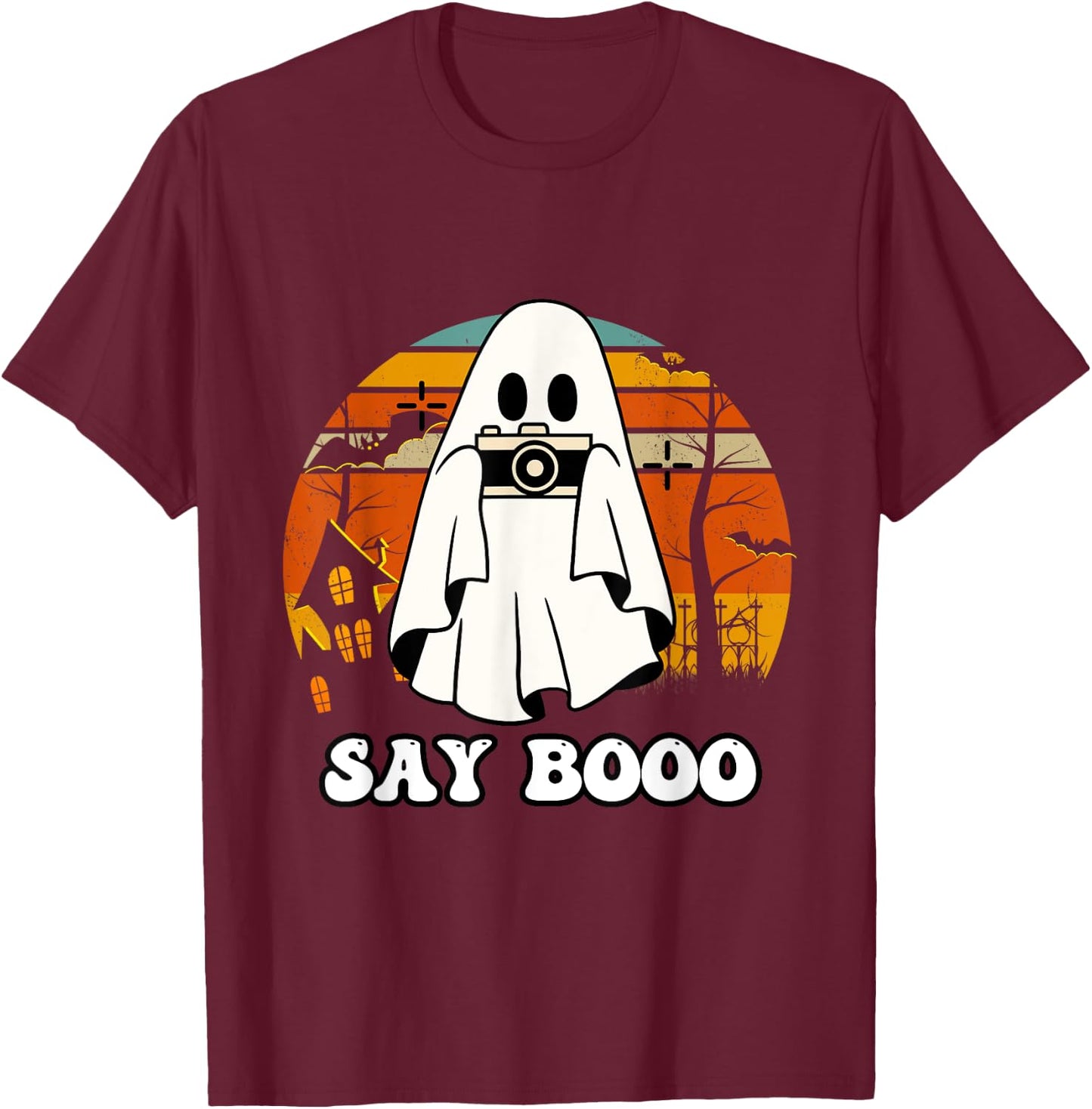 Halloween Photographer Vintage Say Boo T-Shirt - T-Shirt | Maroon