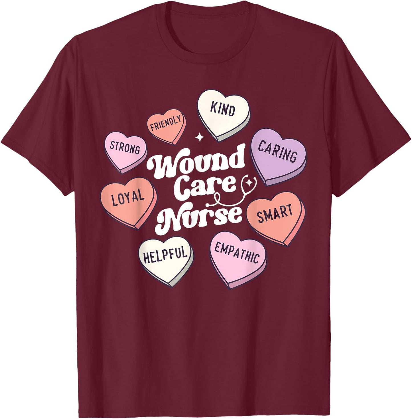 Wound Care Nurse Groovy Medical Valentines Day Retro Hearts T-Shirt - T-Shirt | Maroon