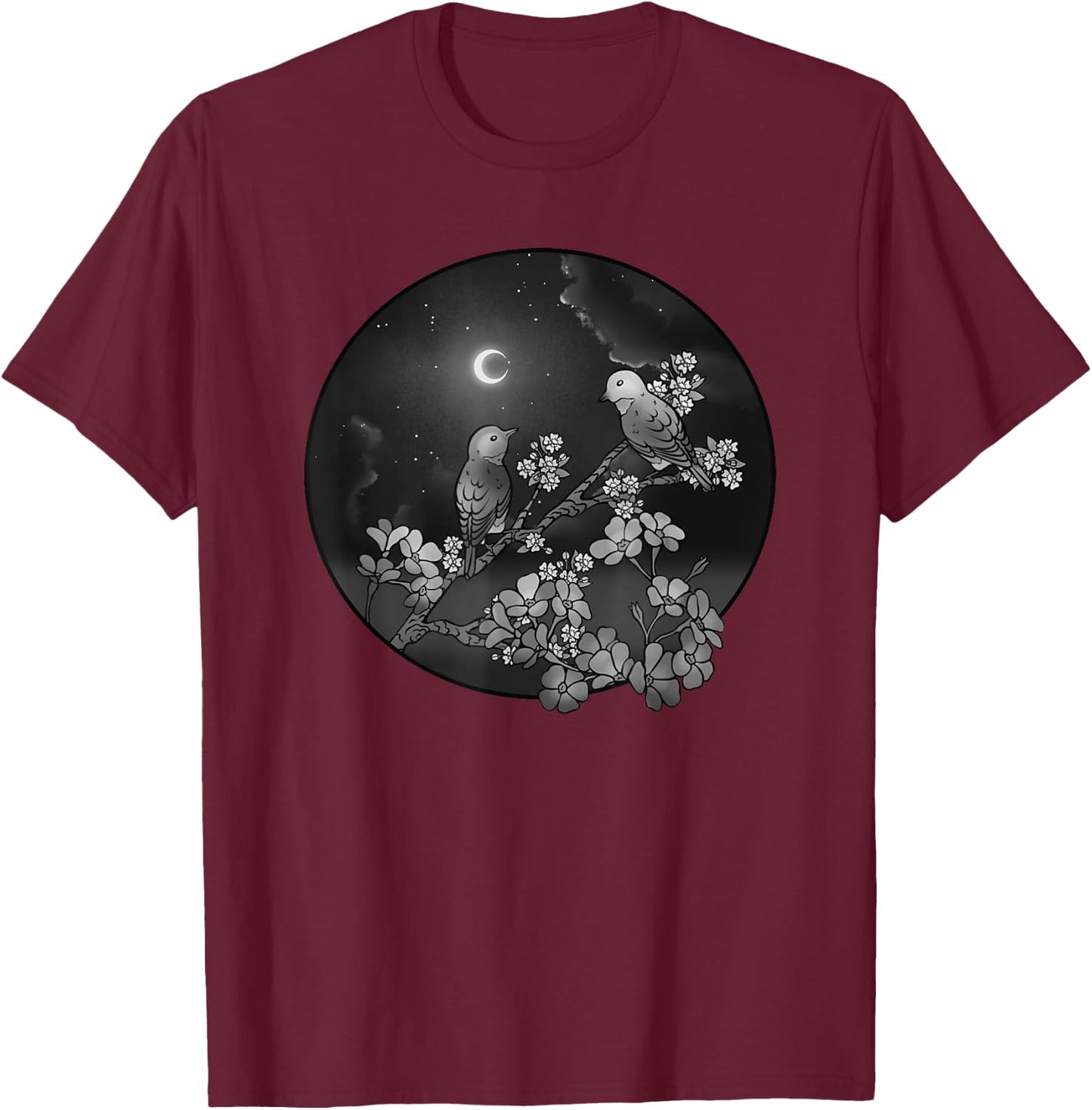 Blossoms Birds on Flowering Tree Starry Sky Crescent Moon T-Shirt - T-Shirt | Maroon