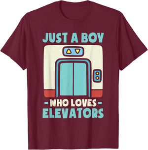 Just a Boy Who Loves Elevators -Kids Elevator Graphic Kids - Black, Small T-Shirt - T-Shirt | Maroon