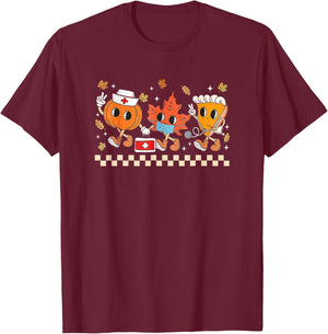 Retro Nurse Thanksgiving Pumpkin Pie Leaves Thankful Nurse T-Shirt - T-Shirt | Maroon