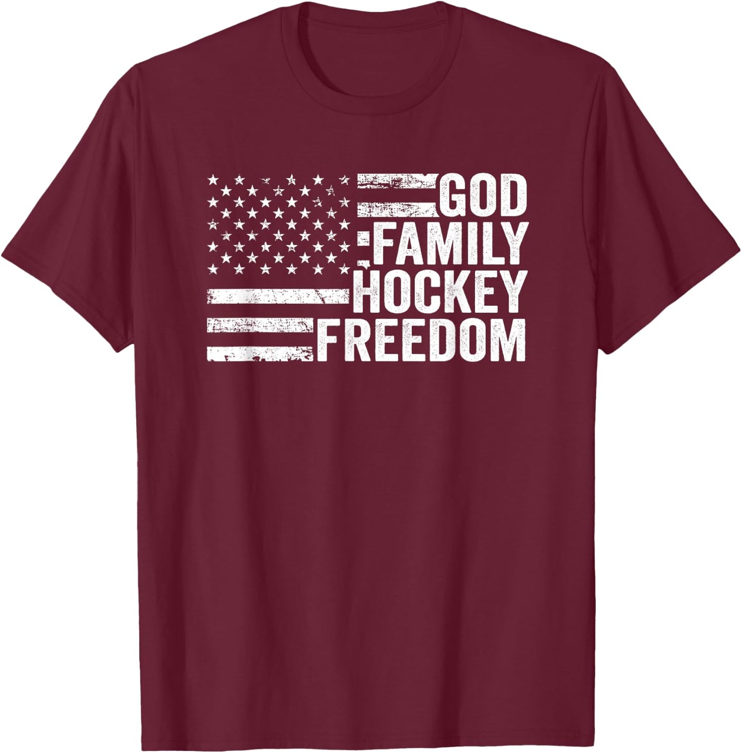 God Family Hockey Freedom - Player Coach American USA Flag T-Shirt - T-Shirt | Maroon