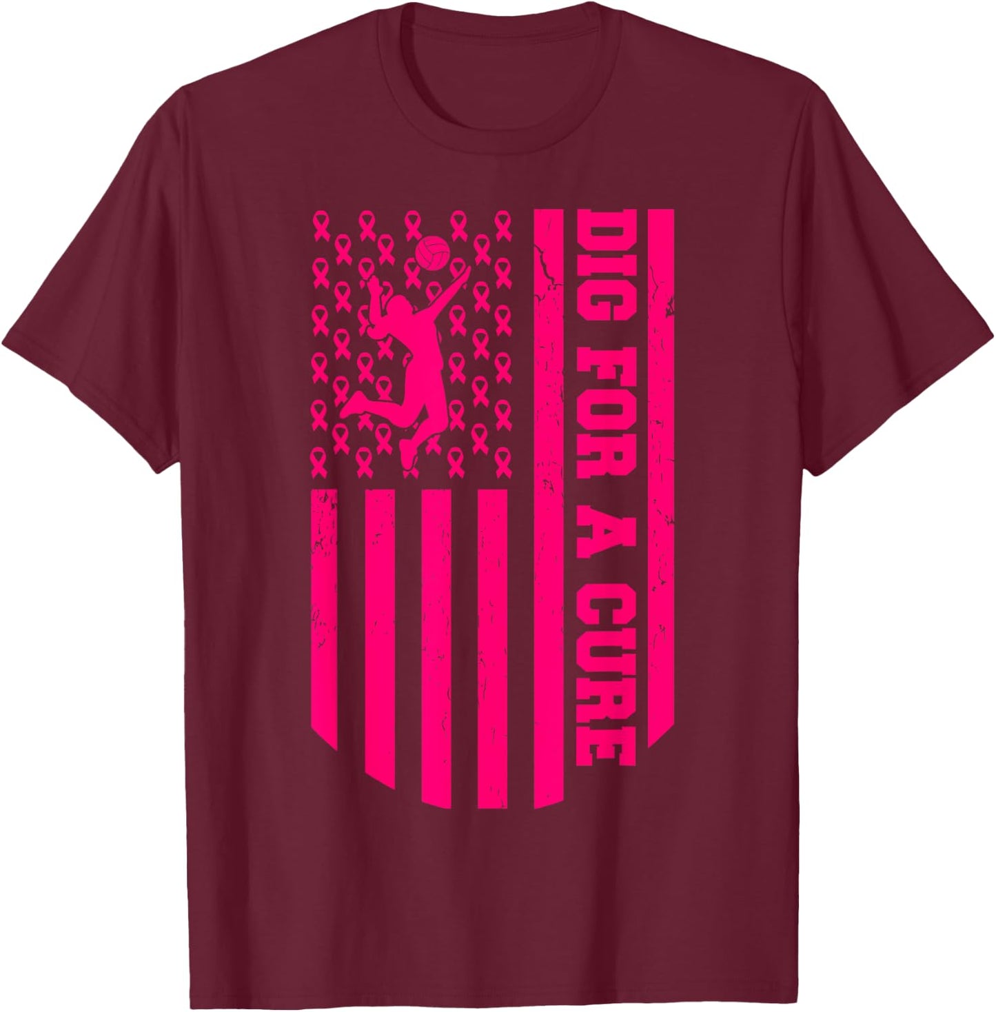 Dig For A Cure Breast Cancer Volleyball Pink American Flag T-Shirt - T-Shirt | Maroon