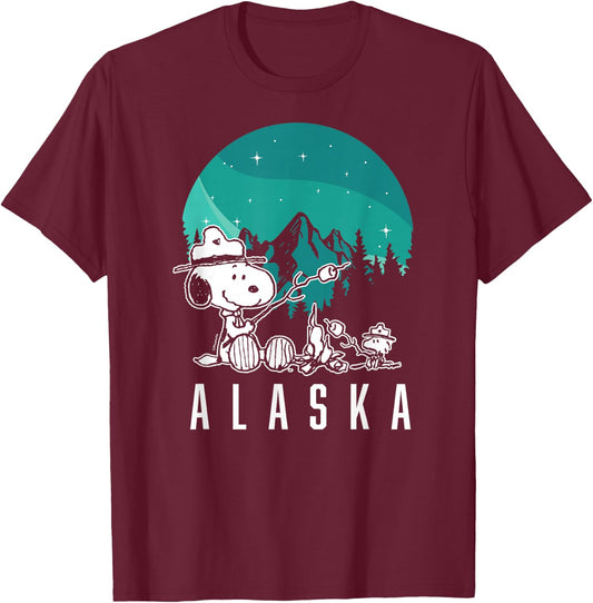 Peanuts - Snoopy Woodstock Campfire Smores Alaska T-Shirt - T-Shirt | Maroon