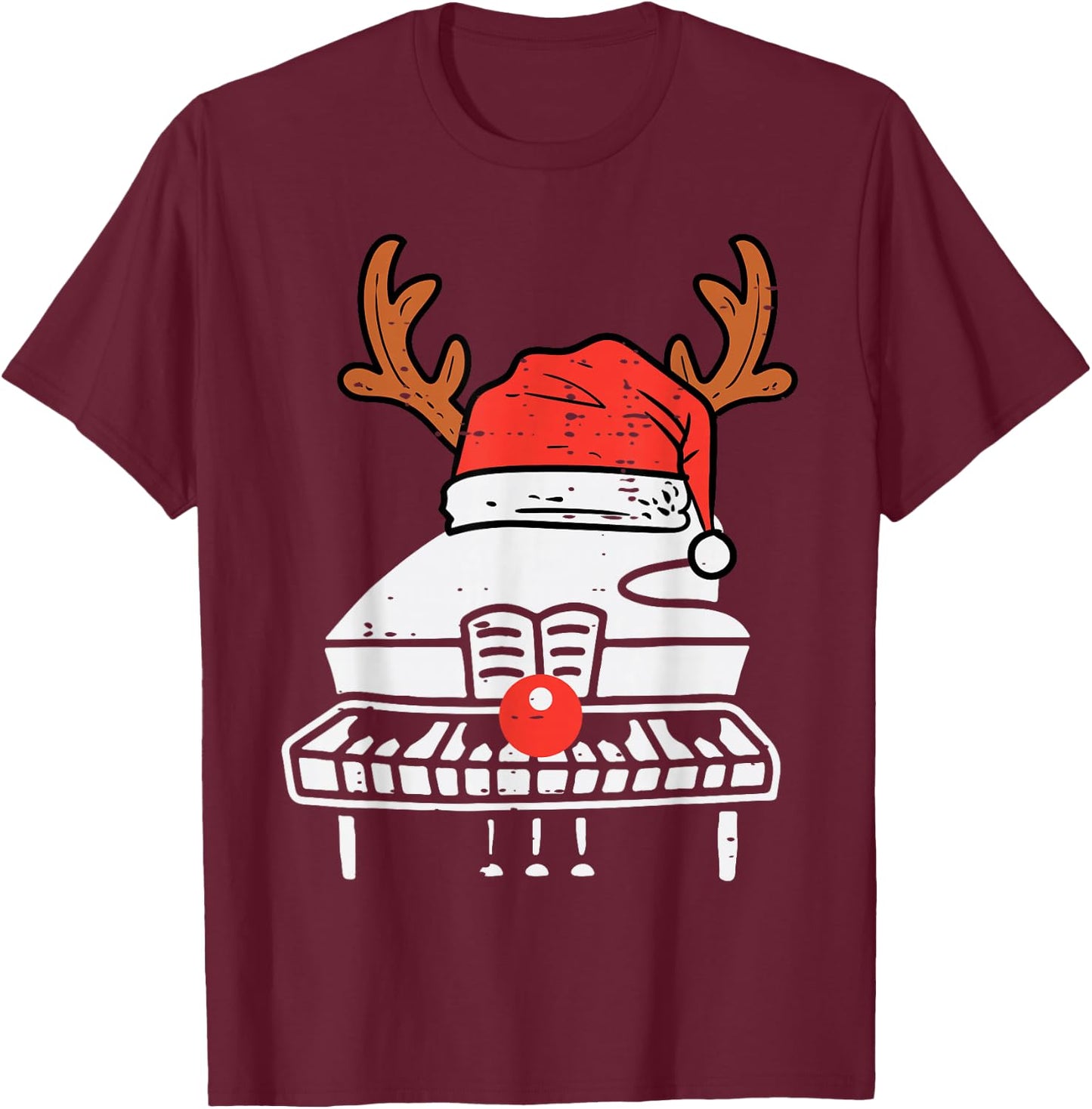 Piano Christmas Reindeer Music Instrument Band Xmas T-Shirt - T-Shirt | Maroon