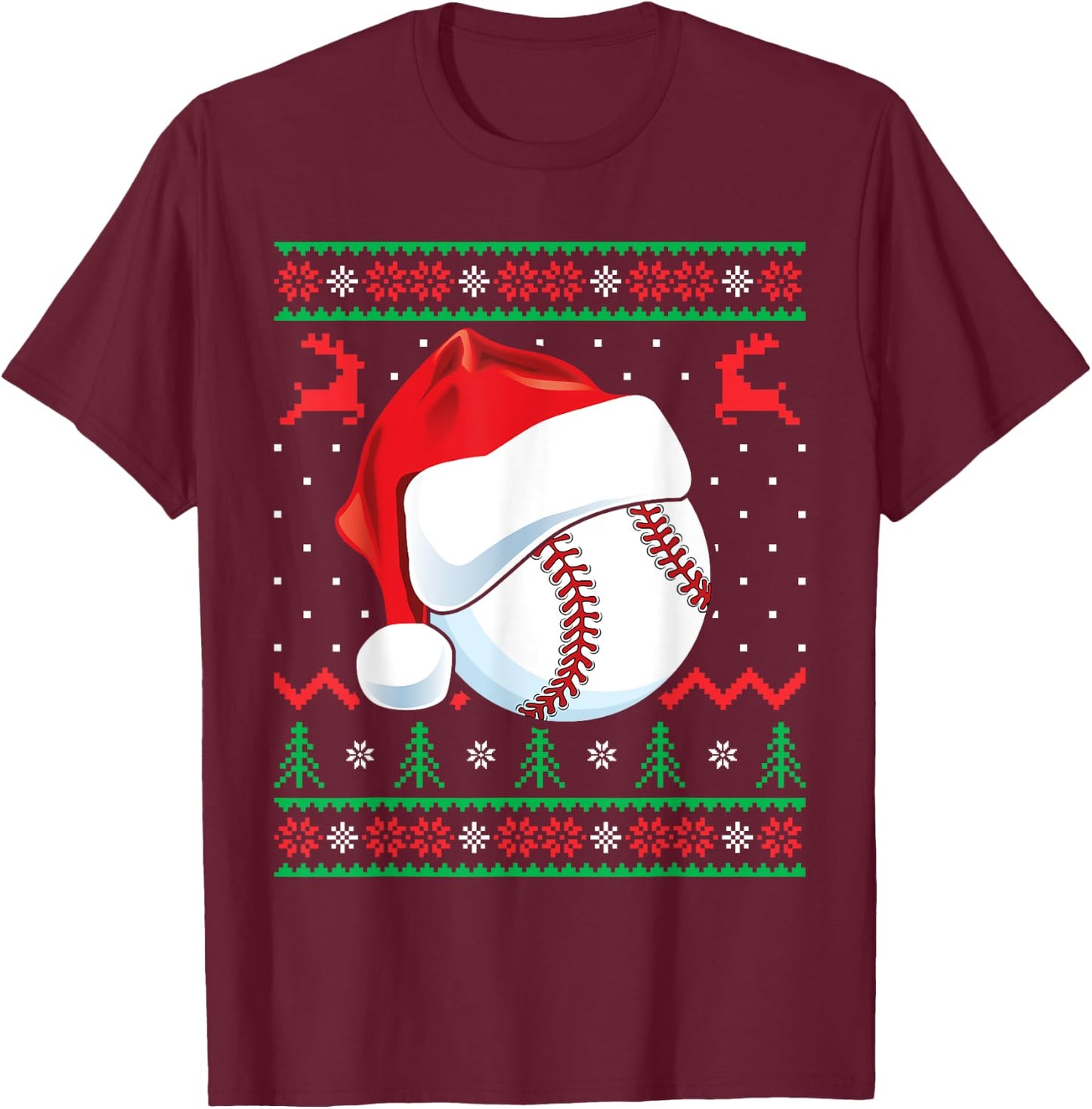 Funny Baseball Ugly Christmas Sweater Boys Sports Xmas T-Shirt - T-Shirt | Maroon
