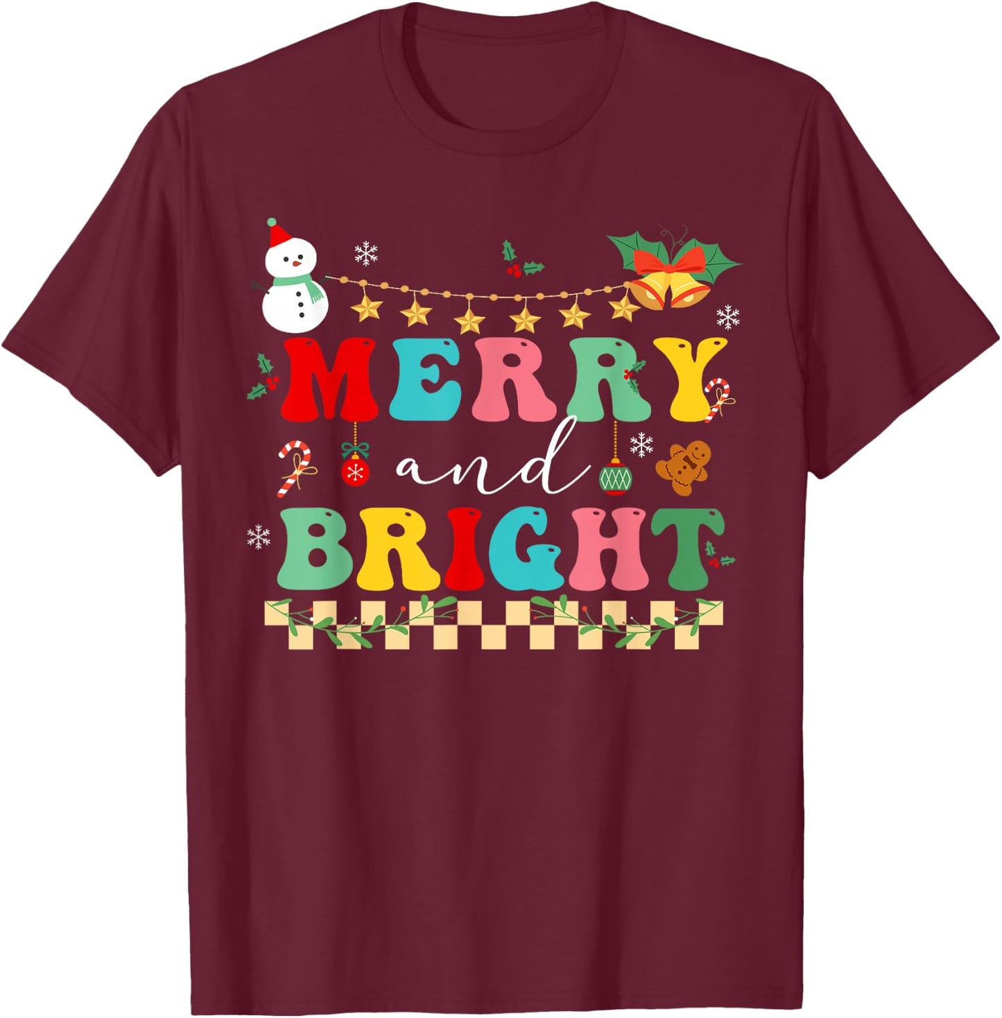 Retro cute Groovy Merry Christmas Bright Family Pajamas T-Shirt - T-Shirt | Maroon